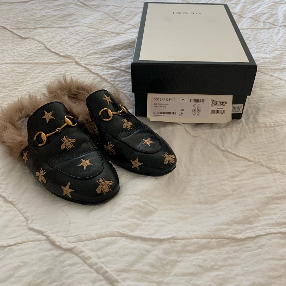 Gucci Princetown Bee Fur Mules